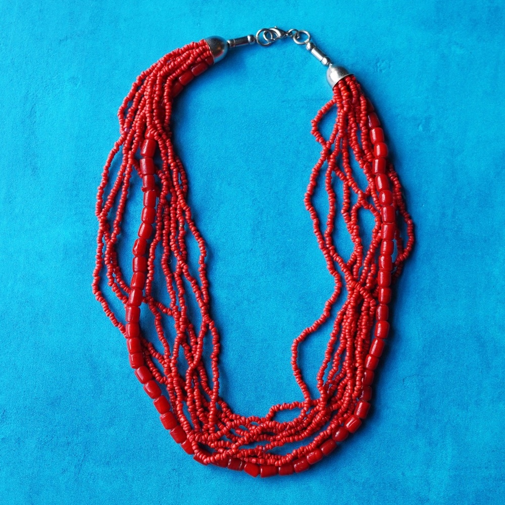 Vintage 1990s Faux Coral Multi-Strand Beaded Necklace (17")